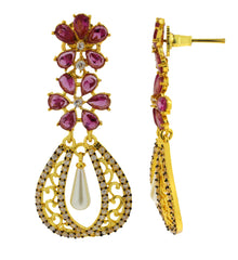 Kundan Flower Filigree Antique Ruby Red 18K Gold Dangler Earring