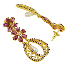 Kundan Flower Filigree Antique Ruby Red 18K Gold Dangler Earring
