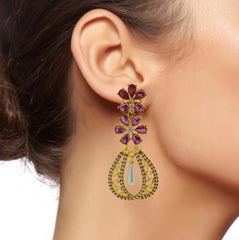 Kundan Flower Filigree Antique Ruby Red 18K Gold Dangler Earring