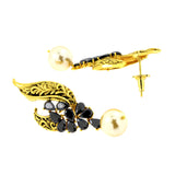 Leafy Floral Black 18K Gold Plated Pearl Drop Earring For Women