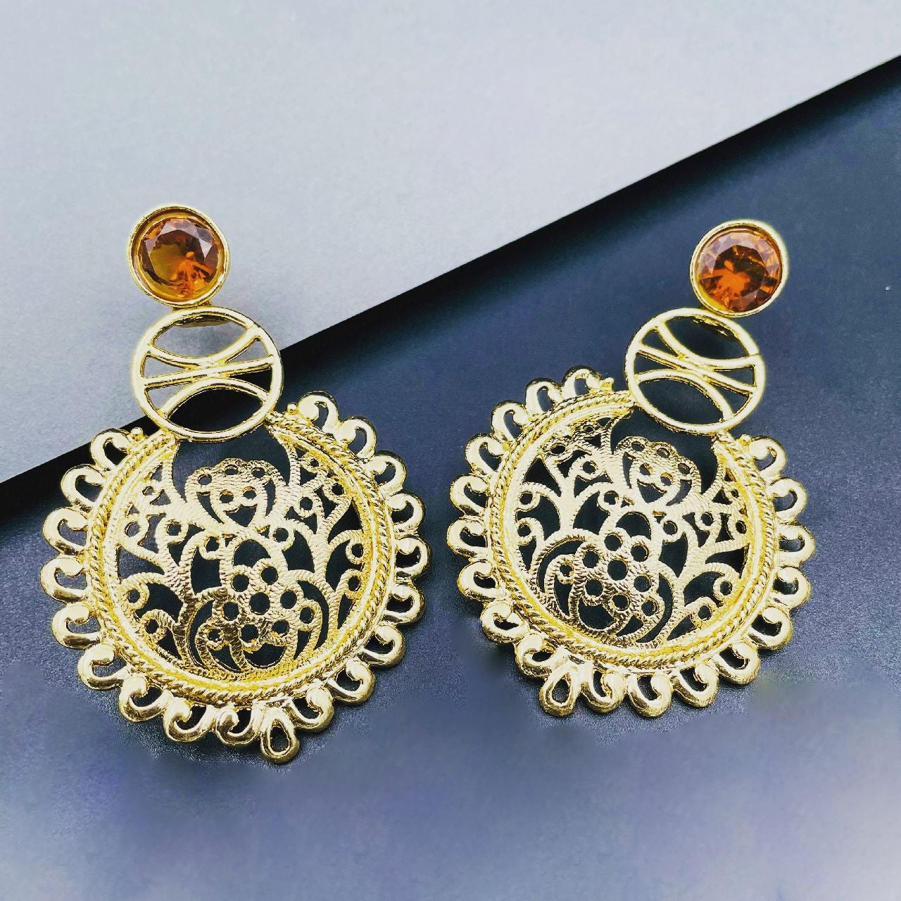 Large Statement Filigree Chaand Bali Golden 18K Gold Jhumki Earring