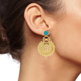 Large Statement Filigree Chaand Bali Blue 18K Gold Jhumki Cz Earring