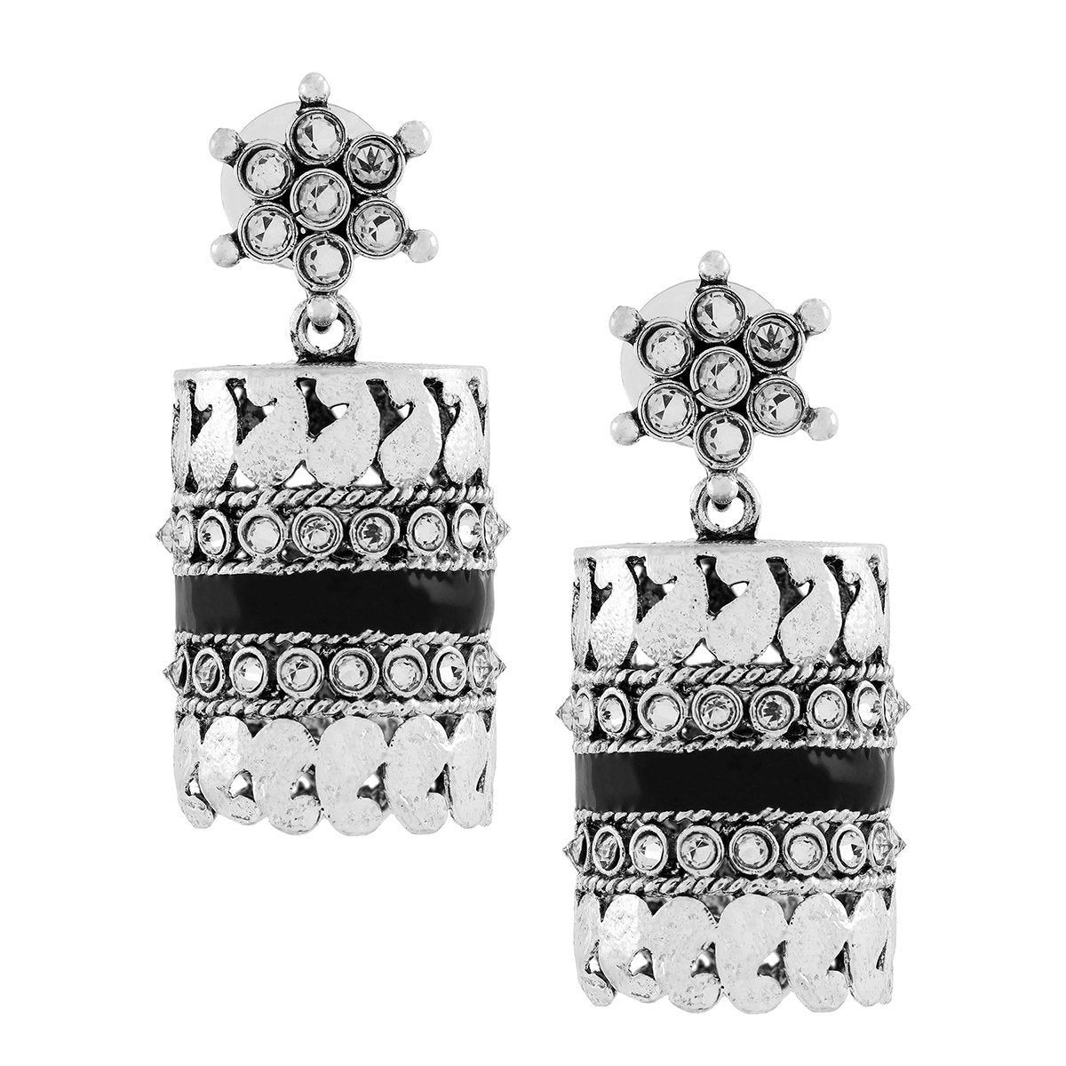 Traditional Cz Enamel Black Silver Rhodium Dangle Earring
