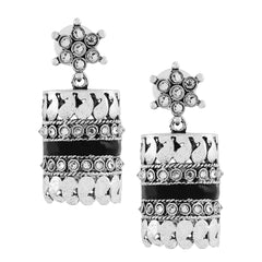 Traditional Cz Enamel Black Silver Rhodium Dangle Earring