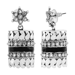 Traditional Cz Enamel Black Silver Rhodium Dangle Earring