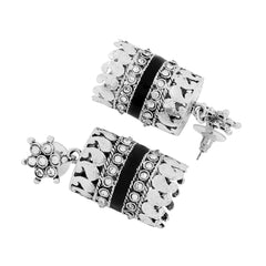Traditional Cz Enamel Black Silver Rhodium Dangle Earring