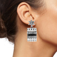 Traditional Cz Enamel Black Silver Rhodium Dangle Earring