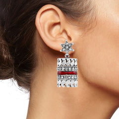 Traditional Cz Enamel Red Maroon Silver Rhodium Dangle Earring