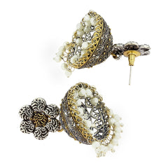 Flower Gold Rhodium Oxidized German Silver Jaipur Jhumki Earring