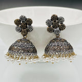 Flower Gold Rhodium Oxidized German Silver Jaipur Jhumki Earring