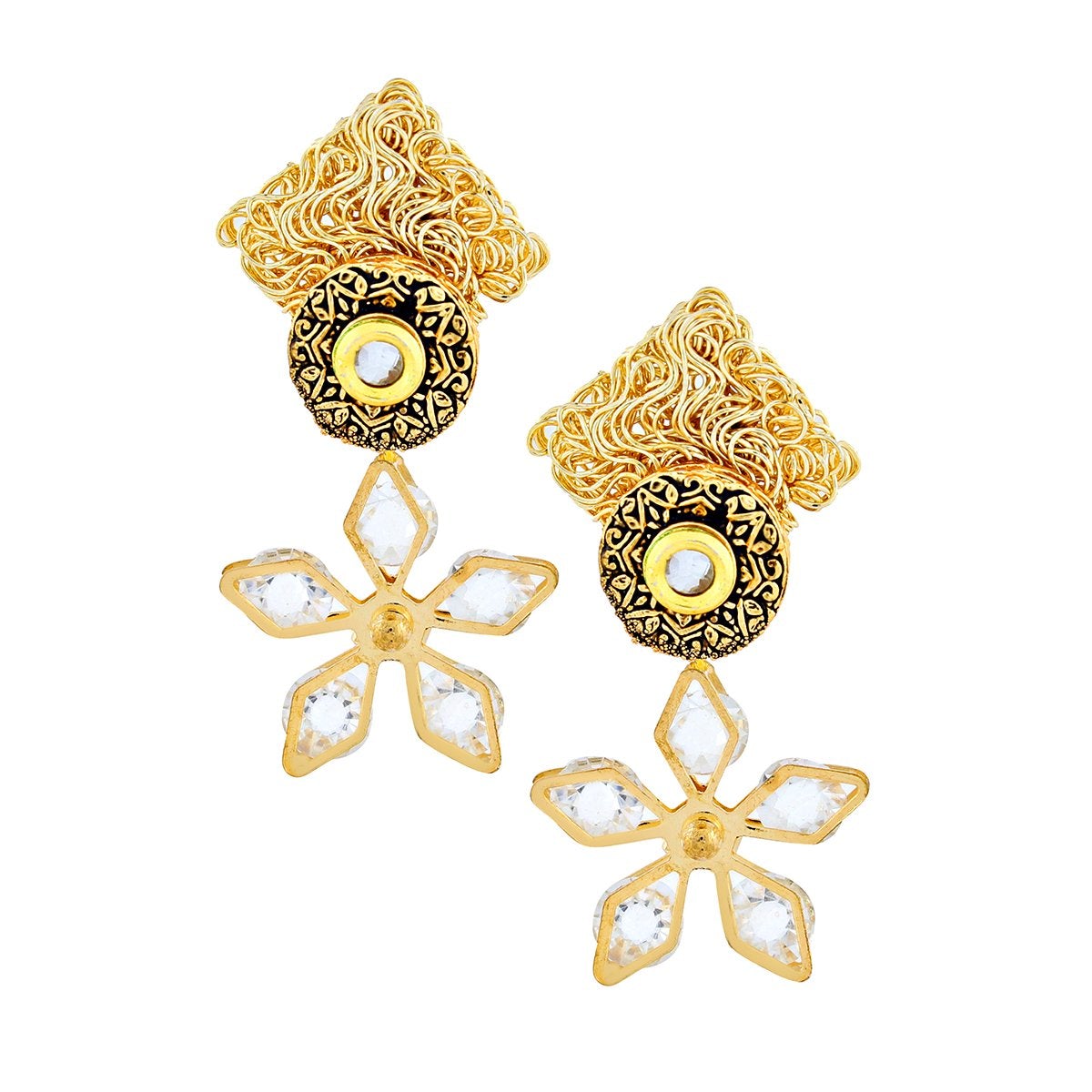 Floral Cz American Diamond Antique 22K Gold Kundan Dangling Earring