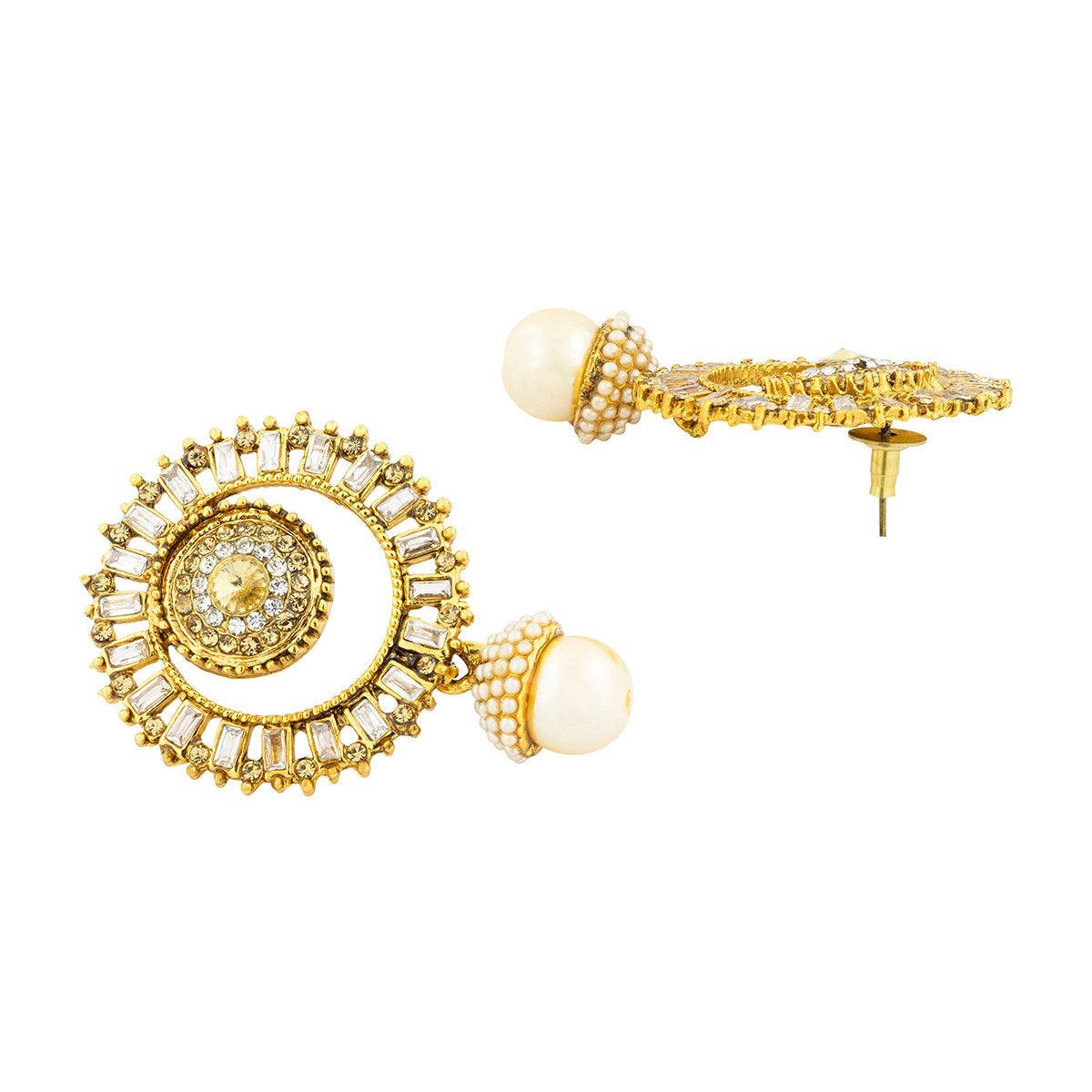 Traditional Crystal Pearl Cz Gold Drop Chandbali Earring For Women
