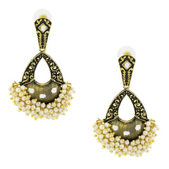 Designer Flower Black Enamel Kundan Pearl Gold Dangle Earring