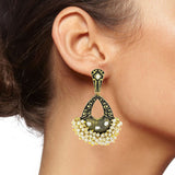 Designer Flower Black Enamel Kundan Pearl Gold Dangle Earring