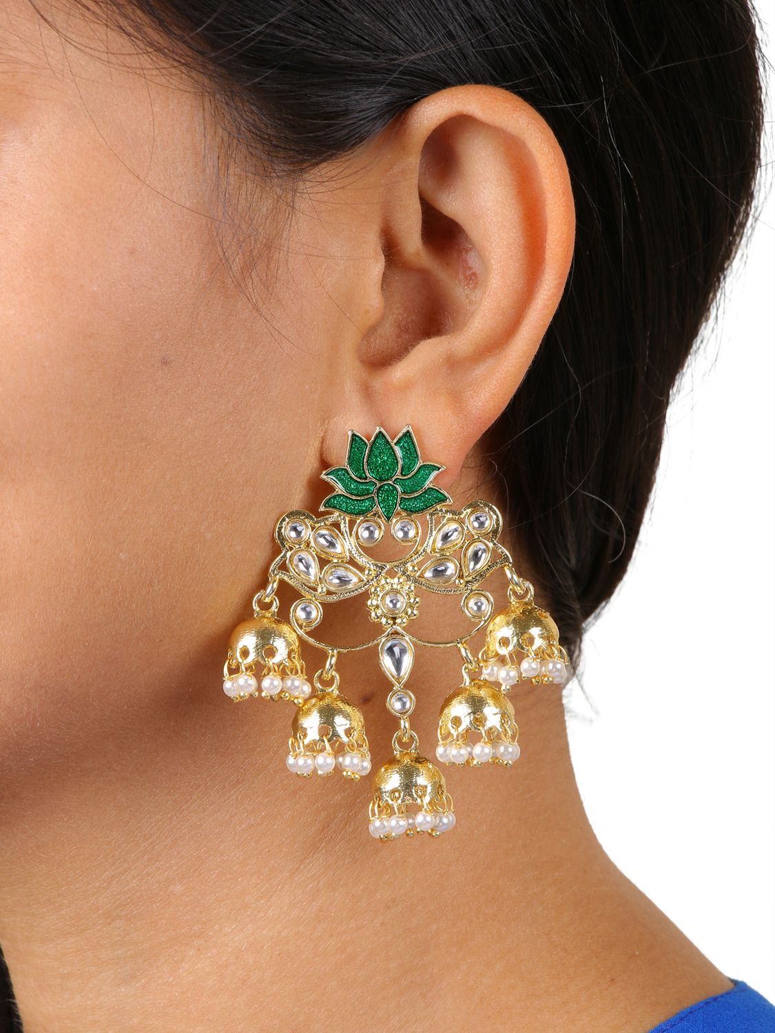 Lotus Floral Statement 18K Gold Green Enamel Kundan Chandelier Jhumki Earring Girl Women