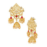 Bollywood Filigree Gold Red Kundan Pearl Chandelier Jhumki Earring