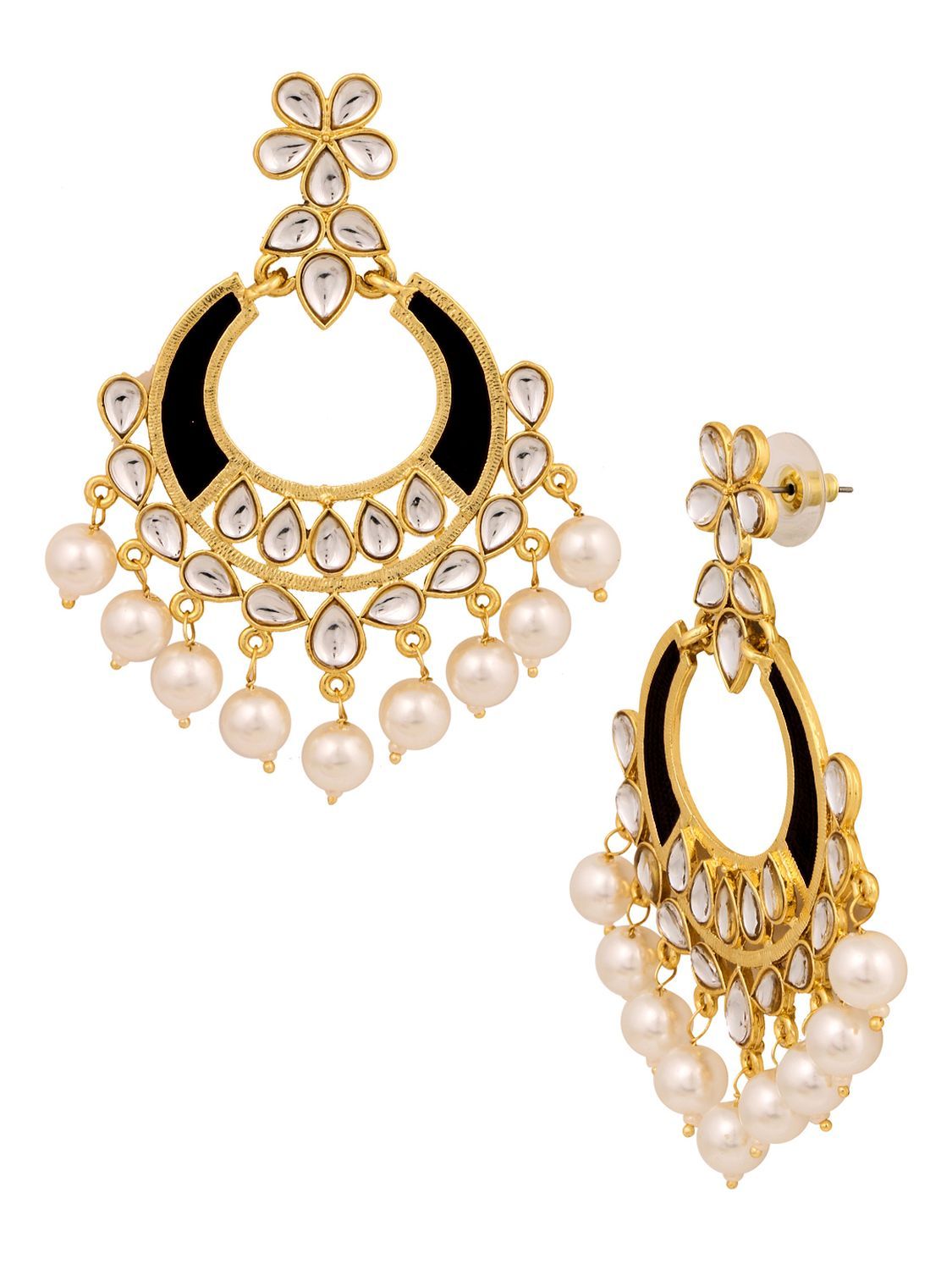 Classic Filigree Floral Chaand Bali 18K Gold Black Enamel Kundan Pearl Earring Girl Women