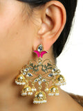 Peacock 18K Gold Pink Enamel Filigree Pearl Kundan Chandelier Earring Girl Women