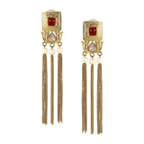 Traditional Lotus Maroon Kundan Pearl Tassel Dangling Long Earring