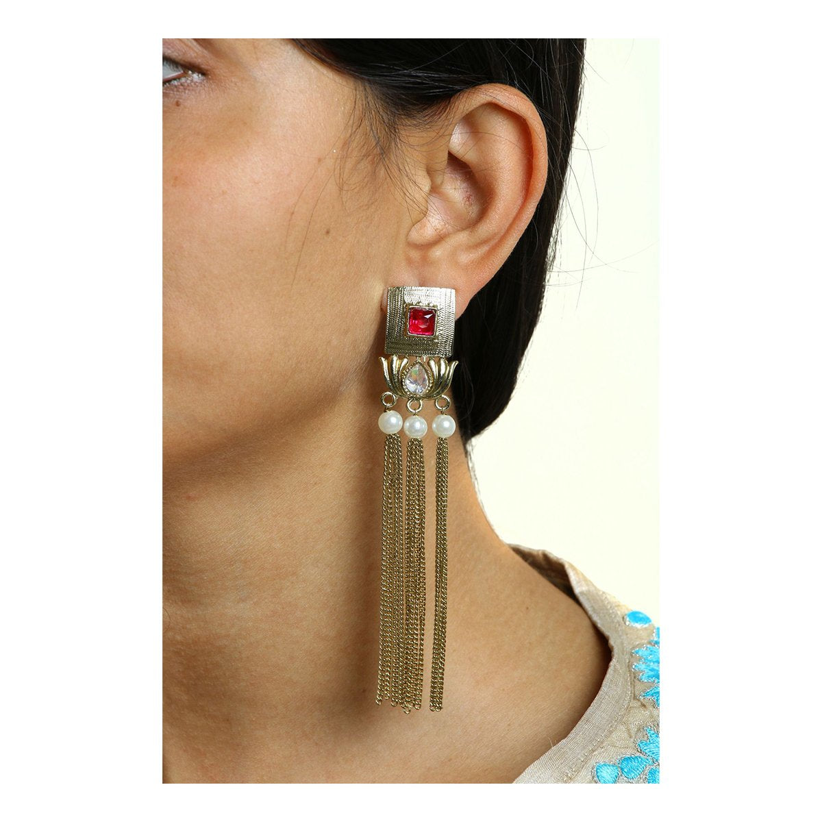 Traditional Lotus Maroon Kundan Pearl Tassel Dangling Tassel Earring