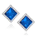 Rhombus Aaa Crystal American Diamond Border Blue Rhodium Brass Stud Earring