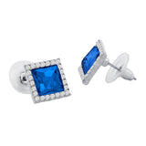 Rhombus Aaa Crystal American Diamond Border Blue Rhodium Brass Stud Earring