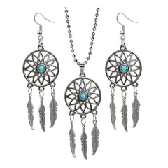 Dream Catcher Feather Oxidised German Silver Blue Pendant Earring Set