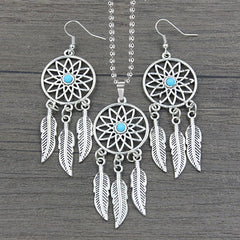 Dream Catcher Feather Oxidised German Silver Blue Pendant Earring Set