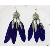 Boho Feather Flower Filigree Dark Blue 18K Gold Hanging Dangle Earring