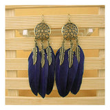 Boho Feather Flower Filigree Dark Blue 18K Gold Hanging Dangle Earring