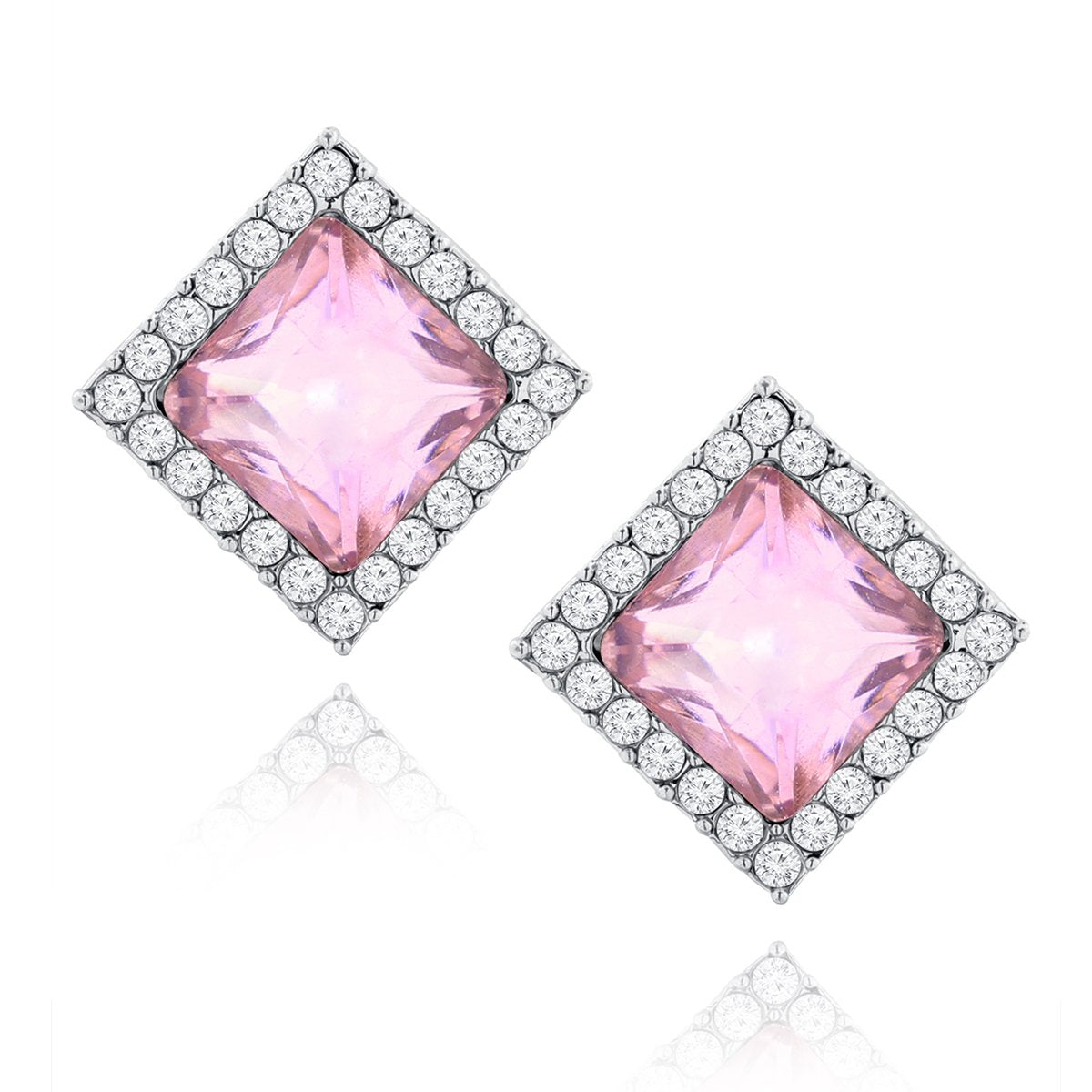 Rhombus Aaa Crystal American Diamond Border Pink Rhodium Stud Earring