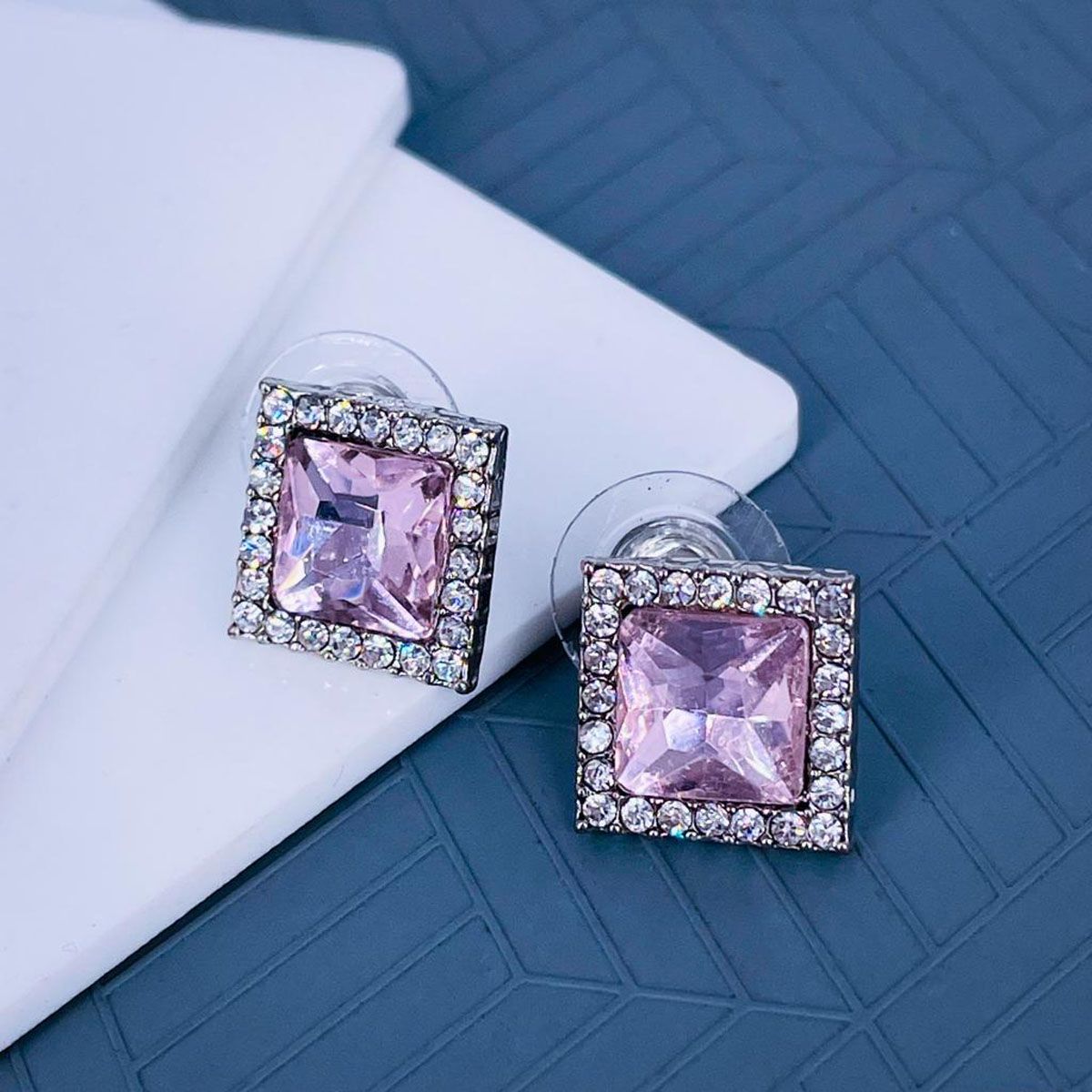 Rhombus Aaa Crystal American Diamond Border Pink Rhodium Stud Earring