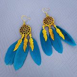 Feather Flower Filigree Drak Green 18K Gold Hanging Dangle Earring