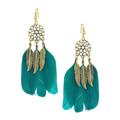 Feather Flower Filigree Drak Green 18K Gold Hanging Dangle Earring