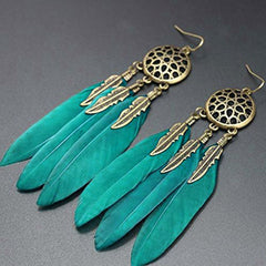 Feather Flower Filigree Drak Green 18K Gold Hanging Dangle Earring