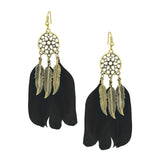Boho Feather Flower Filigree Black 18K Gold Hanging Dangle Earring