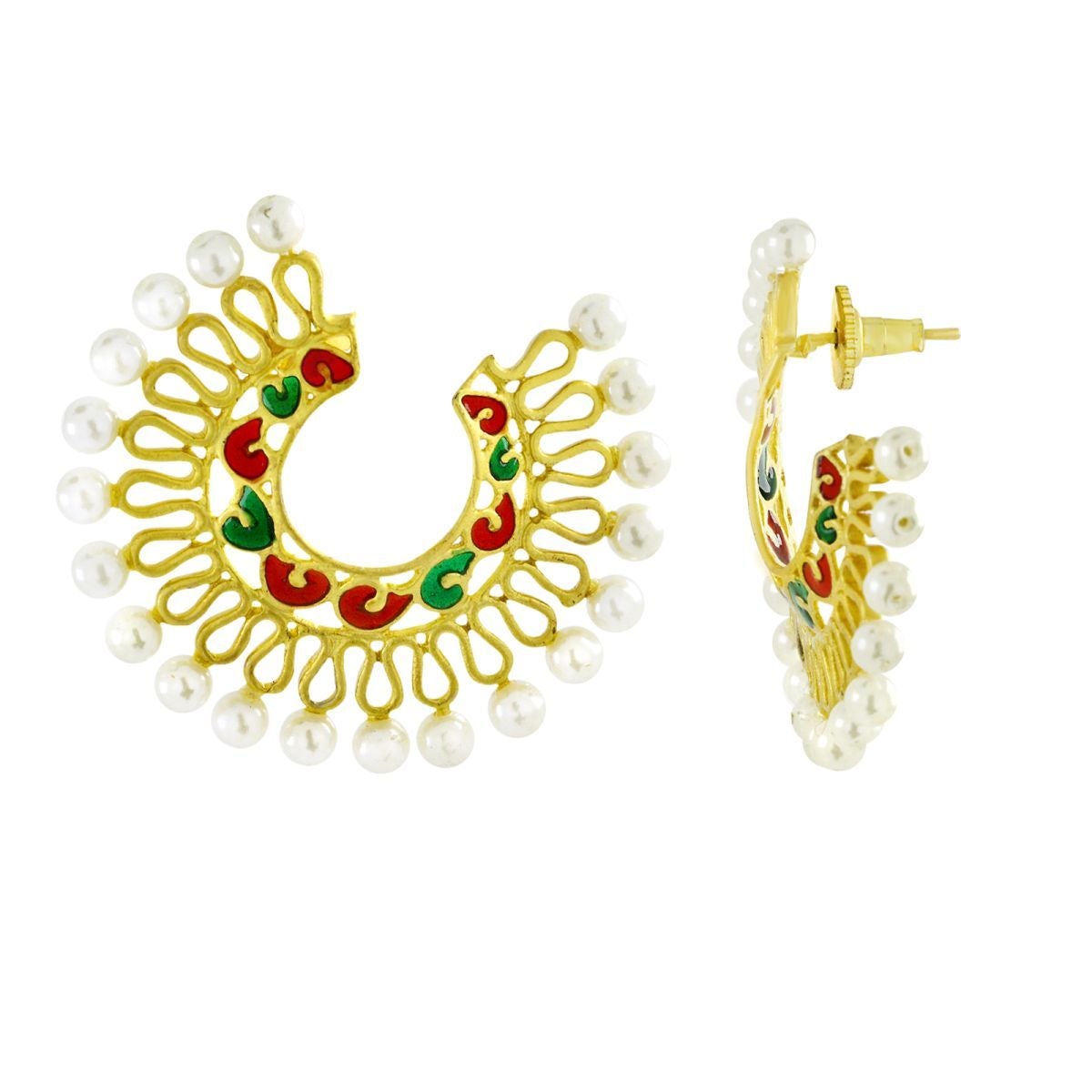 Filigree 18K Gold Red Green Meenakari Pearl Chand Bali Stud Earring