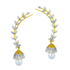 Stylish Floral Pearl American Diamond Cz Earr Cuf 18K Gold Earring