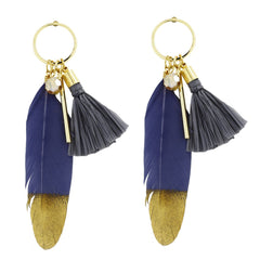 Stylish Trendy Young Grey Gold Long Tassel Feather Earring For Women
