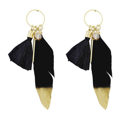 Stylish Trendy Young Black Gold Long Tassel Feather Earring For Women