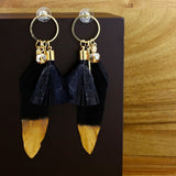 Stylish Trendy Young Black Gold Long Tassel Feather Earring For Women