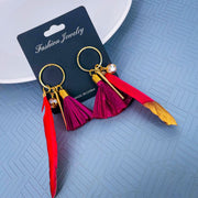Stylish Trendy Young Maroon Red Gold Long Tassel Feather Earring