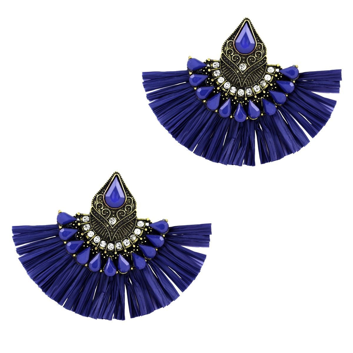 Studded Fan Tassel Bohemian Gypsy Blue Statement Earrings Girls