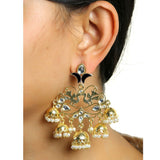 Flower Leaf Design 18K Gold Red Enamel Pearl Filigree Jhumki Dangle Earring