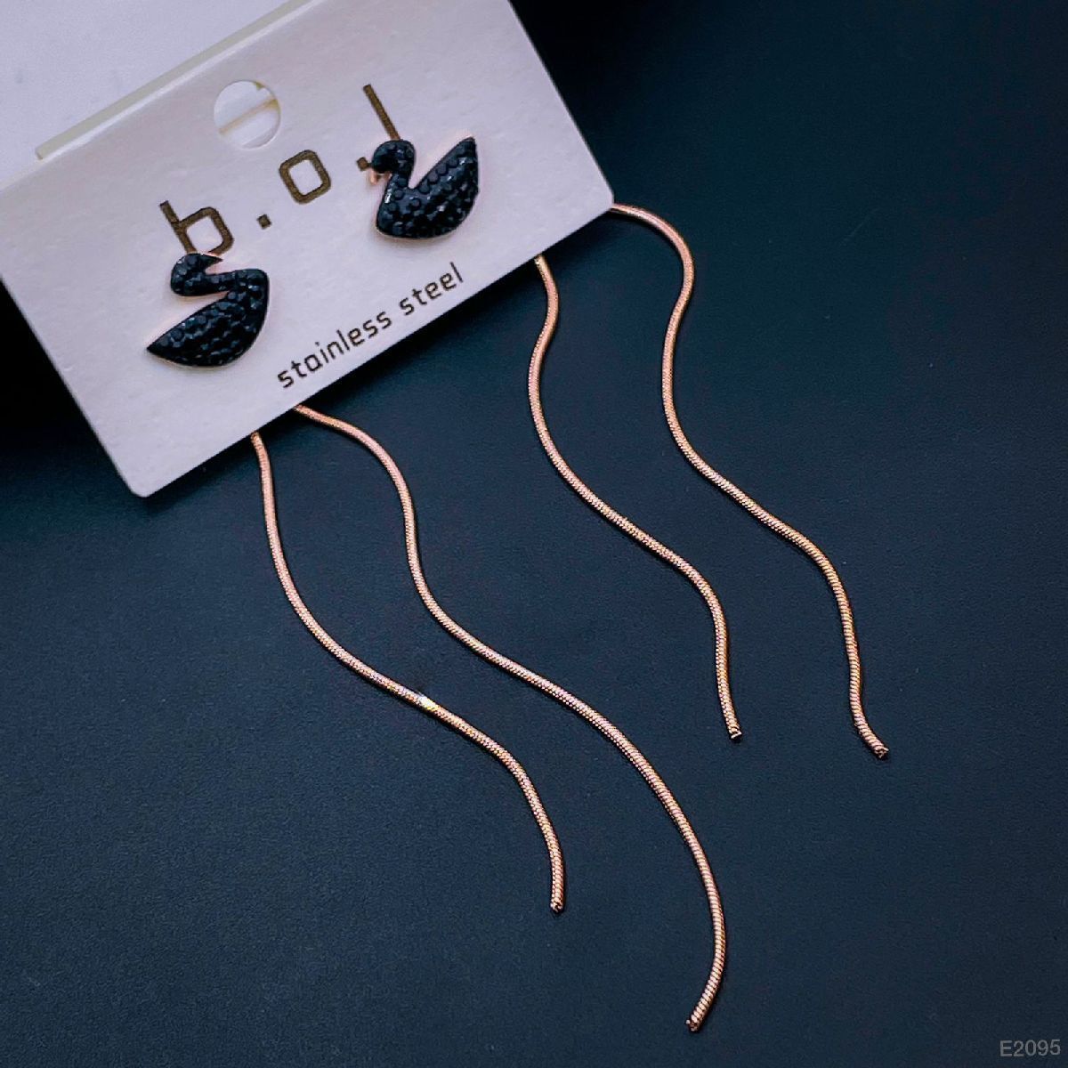 Black Swan Rose Gold Stainless Steel Cubic Zirconia Drop Tassel Earring Pair Women