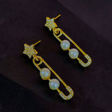 Safety Pin Star Gold Pearl Dangler Earring For Women