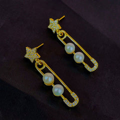 Safety Pin Star Gold Pearl Dangler Earring For Women