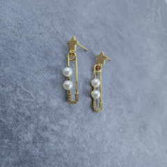 Safety Pin Star Gold Pearl Dangler Earring For Women