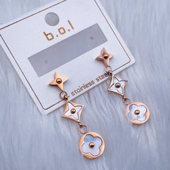 Clover Flower Copper Mother Of Pearl Rose Gold Dangler Earring Pair Women