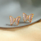 Butterfly Gold Pink Crystal Stud Earring Pair Women